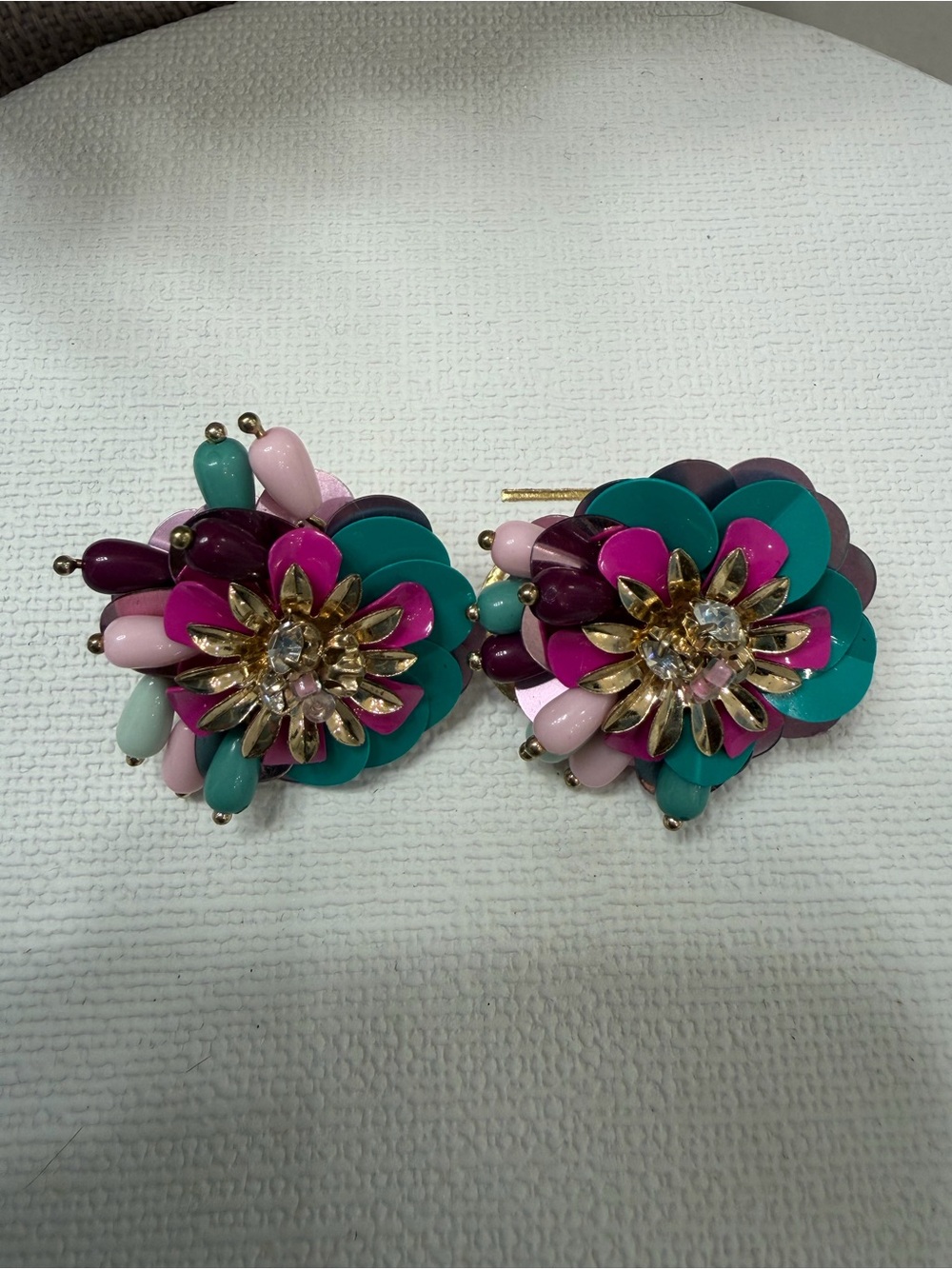 Floral Cluster Statement Earrings - Teal, Fuchsia & Pink
